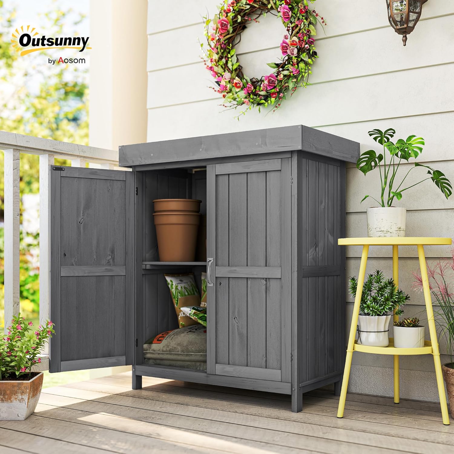 Outsunny Gartenschrank Tannenholz, Geräteschuppen wetterfest 74x43x88cm, Gerätehaus mit Doppeltür, 2 Fächern, Geräteschrank, Gartenhaus Werkzeugschrank Gartenschuppen für Garten, Terrasse, Dunkelgrau