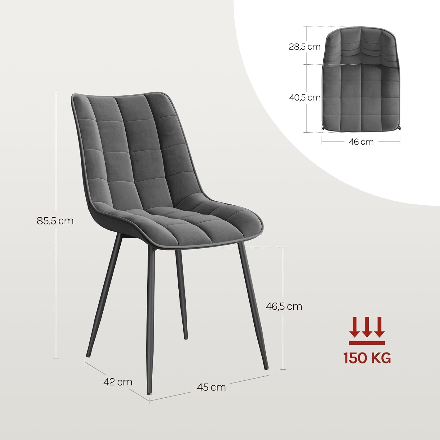 WOLTU Esszimmerstühle 6er Set, für Wohnzimmer Küche Esszimmer, Küchenstühle gepolstert mit Rückenlehne, Sitzfläche aus Samt, mit Metallbeinen, bis 150 kg belastbar,Dunkelgrau