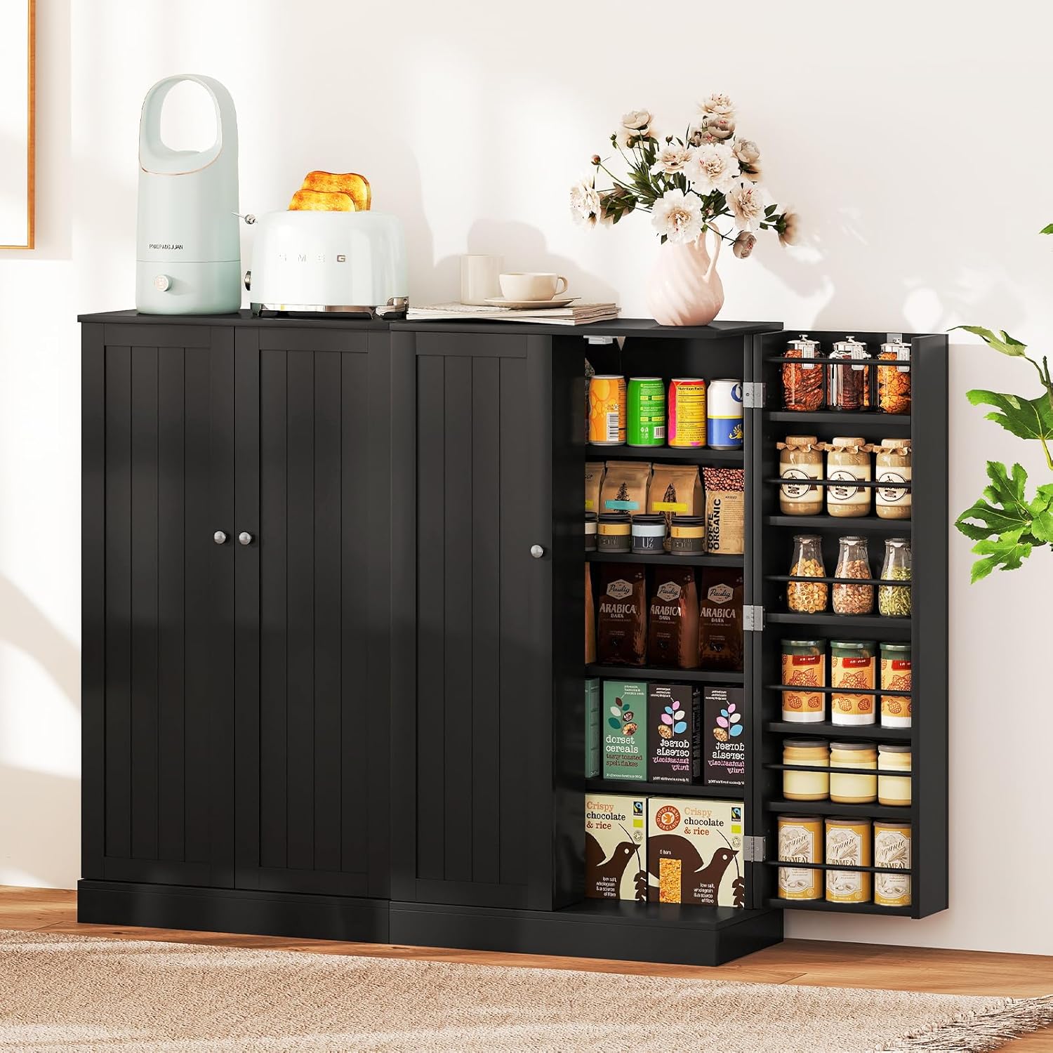 KOMFOTTEU Vorratsschrank mit Doppeltür, Aufbewahrungsschrank mit verstellbaren Einlegeböden, Mehrzweckschrank Apothekerschrank Holz, Beistellschrank für Küche Flur (Schwarz)