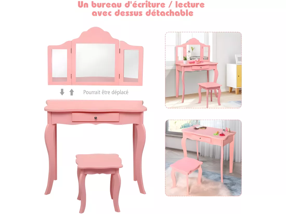 Coiffeuse Enfant Rose avec Tabouret, Table de Maquillage avec Miroir à Trois Panneaux et Tiroir, 70 x 34 x 103 CM, Rose