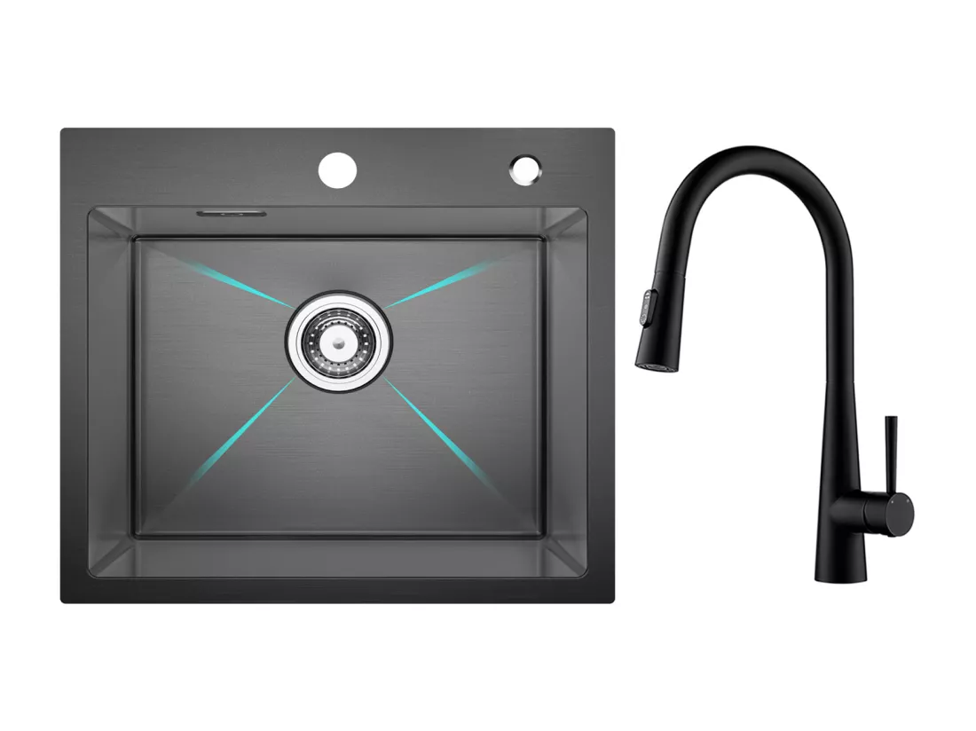 Cecipa max Évier Inox Évier 1 Bac 50×45 cm Évier de Cuisine en Nanomètres Noir + Mitigeur avec Douchette Extractible, 3 Modes de Sortie D'eau, Noir