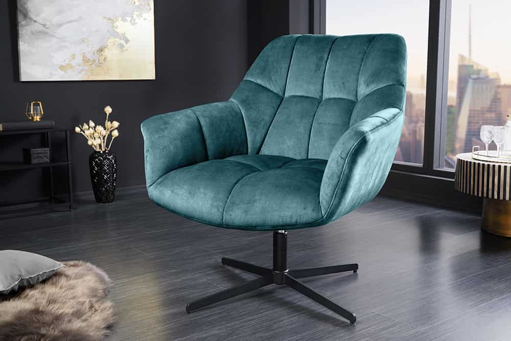 Drehbarer Design Sessel PAPILLON petrol Samt 360° schwarz Metall höhenverstellbar