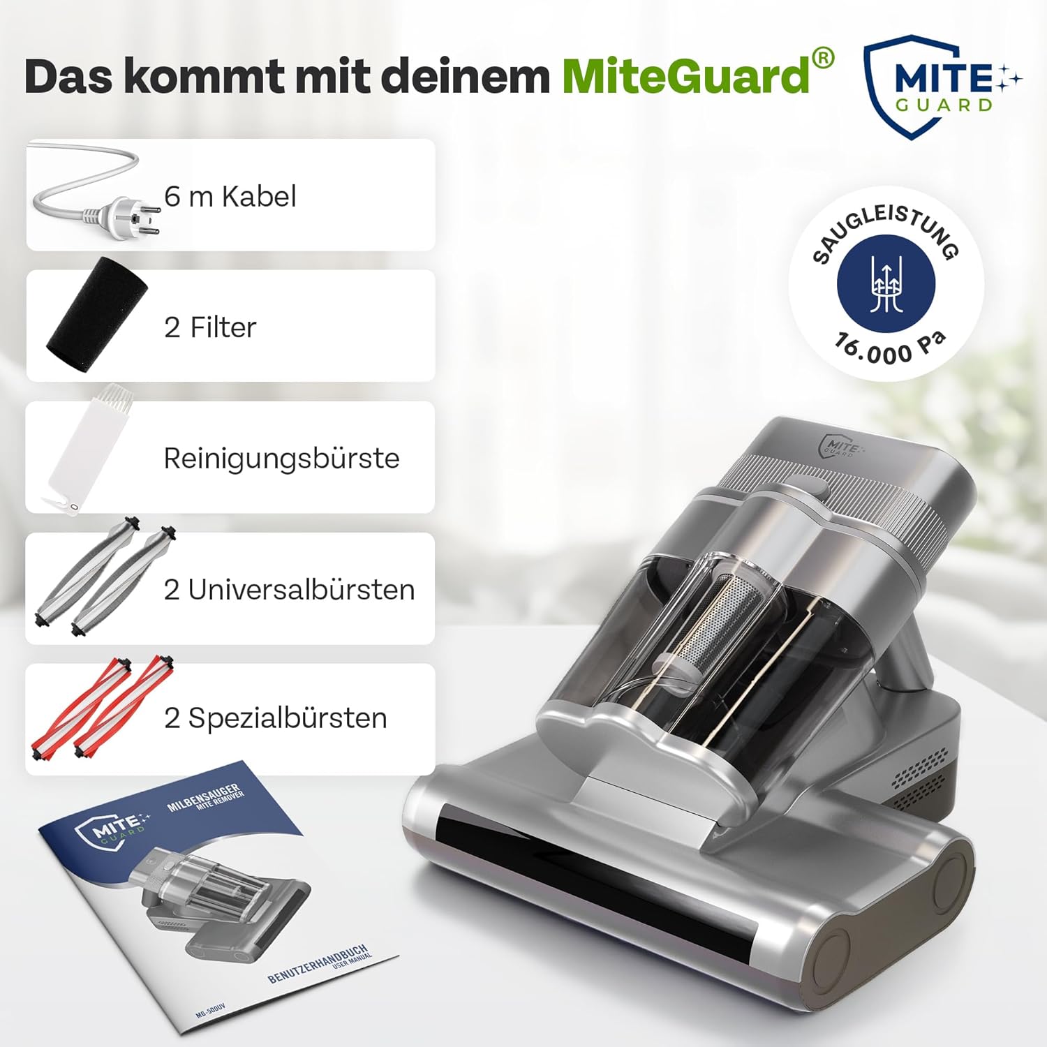 Miteguard® Milbensauger für Matratzen & Polster mit 2 Spezialbürsten - UV-Licht, Ultraschall-Gerät & 60°C Heißluft - Matratzenreiniger, Sauger gegen Hausstaubmilben, Tierhaare & Allergene