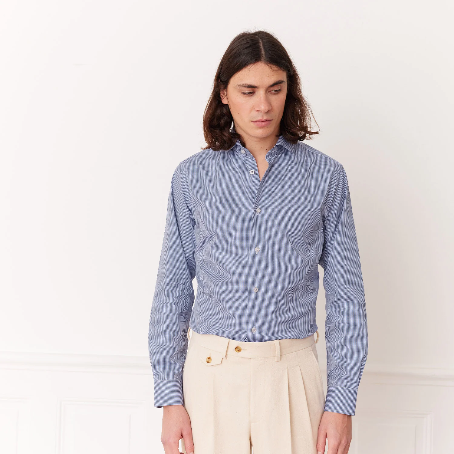 Fitted shirt in blue gingham poplin
