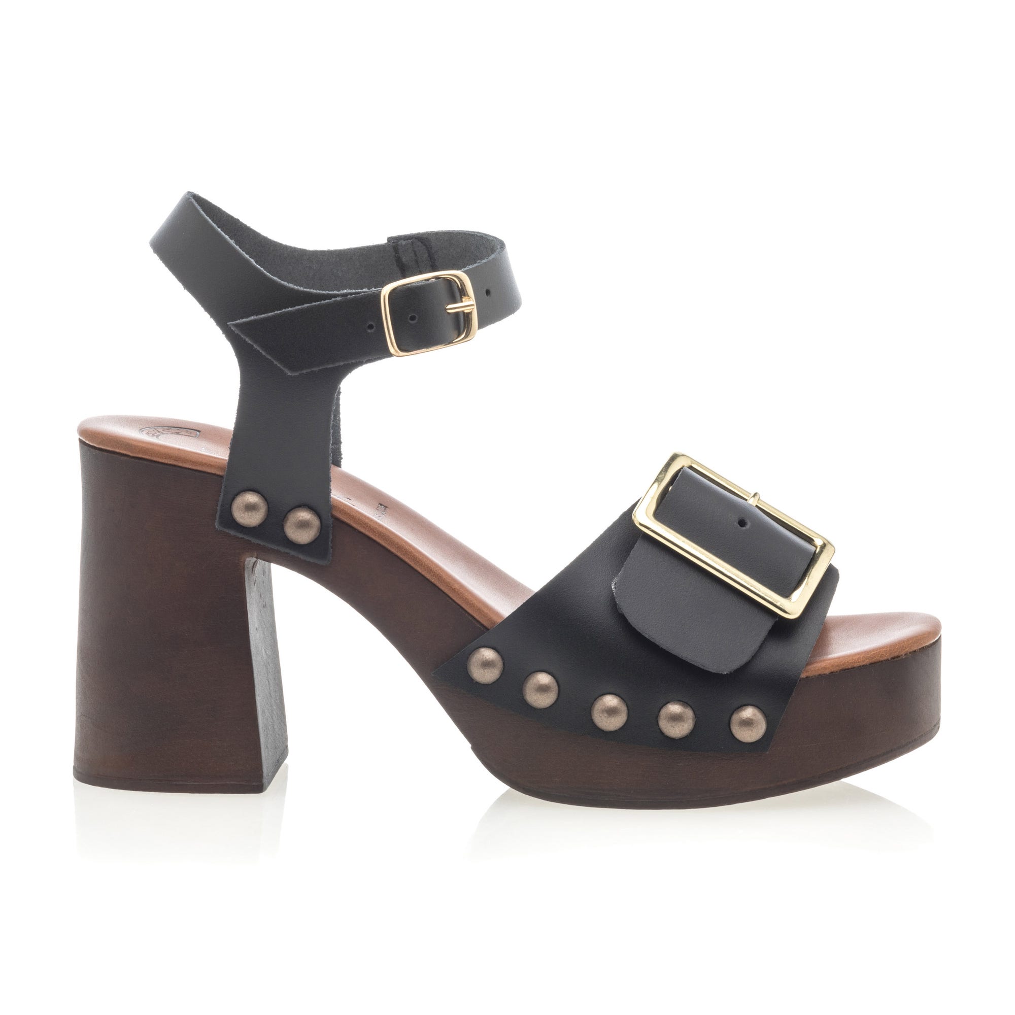 Chaussures semelle bois à talon Femme en cuir noir