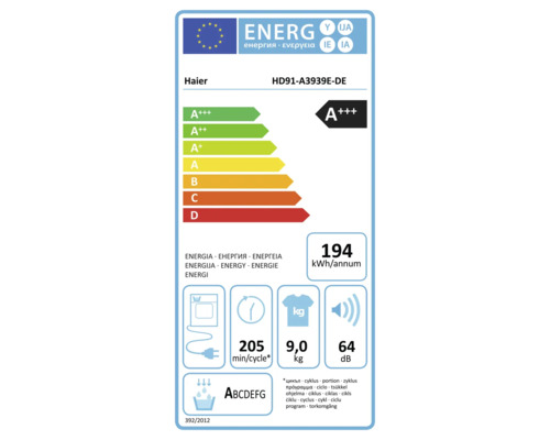 HAIER condensdroger, capaciteit HD91-A3939E 9 kg