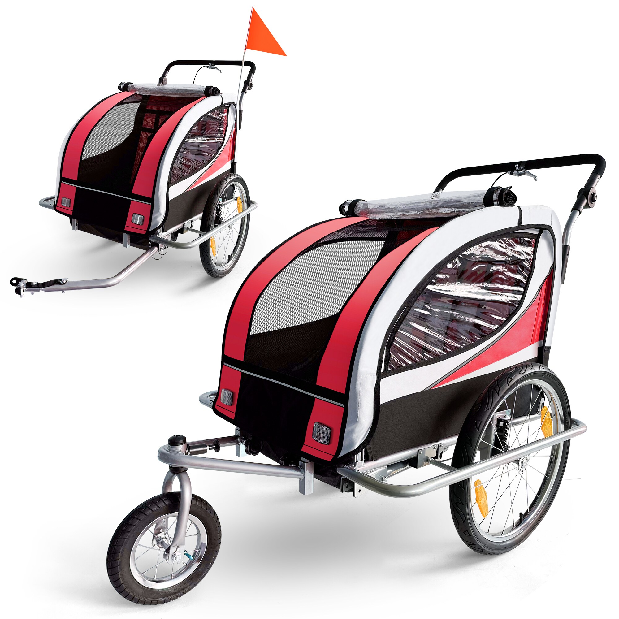 SAMAX 360° drehbarer Fahrradanhänger 2in1 Jogger - in Rot - Silver Frame