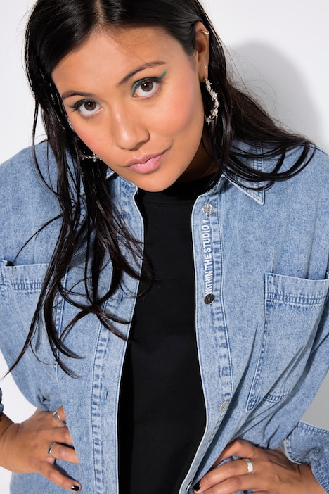 Jeanshemd, oversized, Knopfleisten-Stickerei