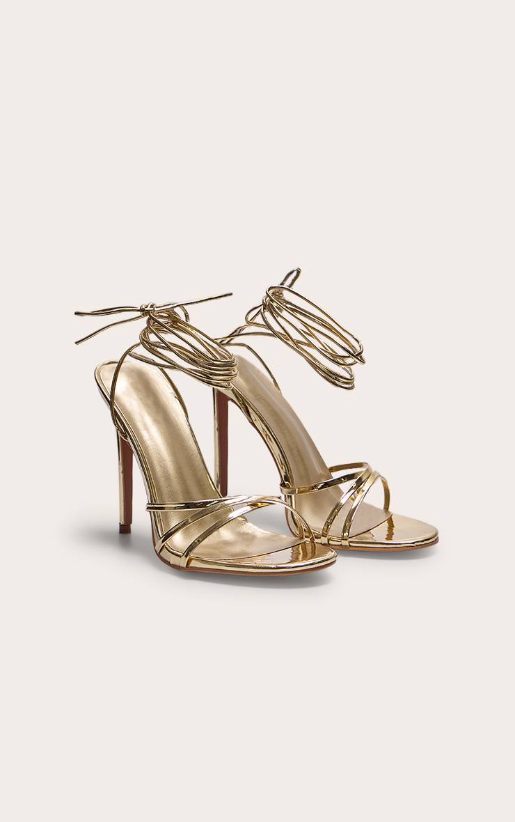 Doré Sandales À Talons Hauts Métallisées À Bout Rond Avec Lacets