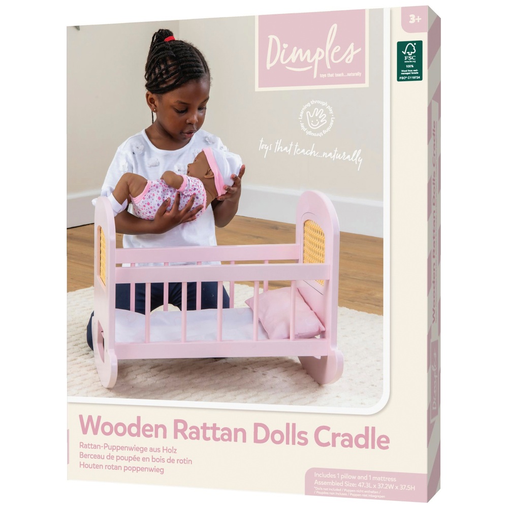 Puppenwiege aus Holz und Rattan mit Dimples-Motiv
