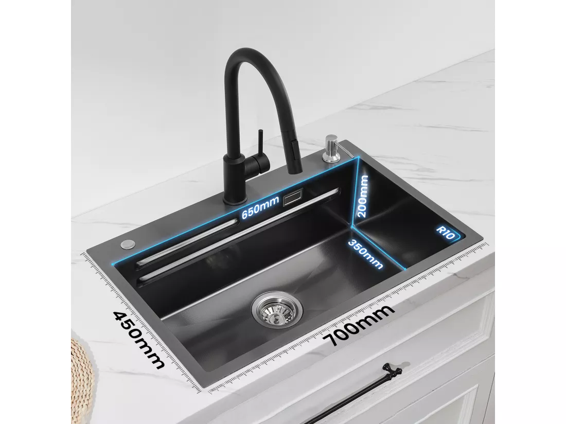 Évier de Cuisine 1 Cuve 70×45cm + Egouttoir + Vasque + Distributeur de Savon + Mitigeur de Cuisine en Inox Noir