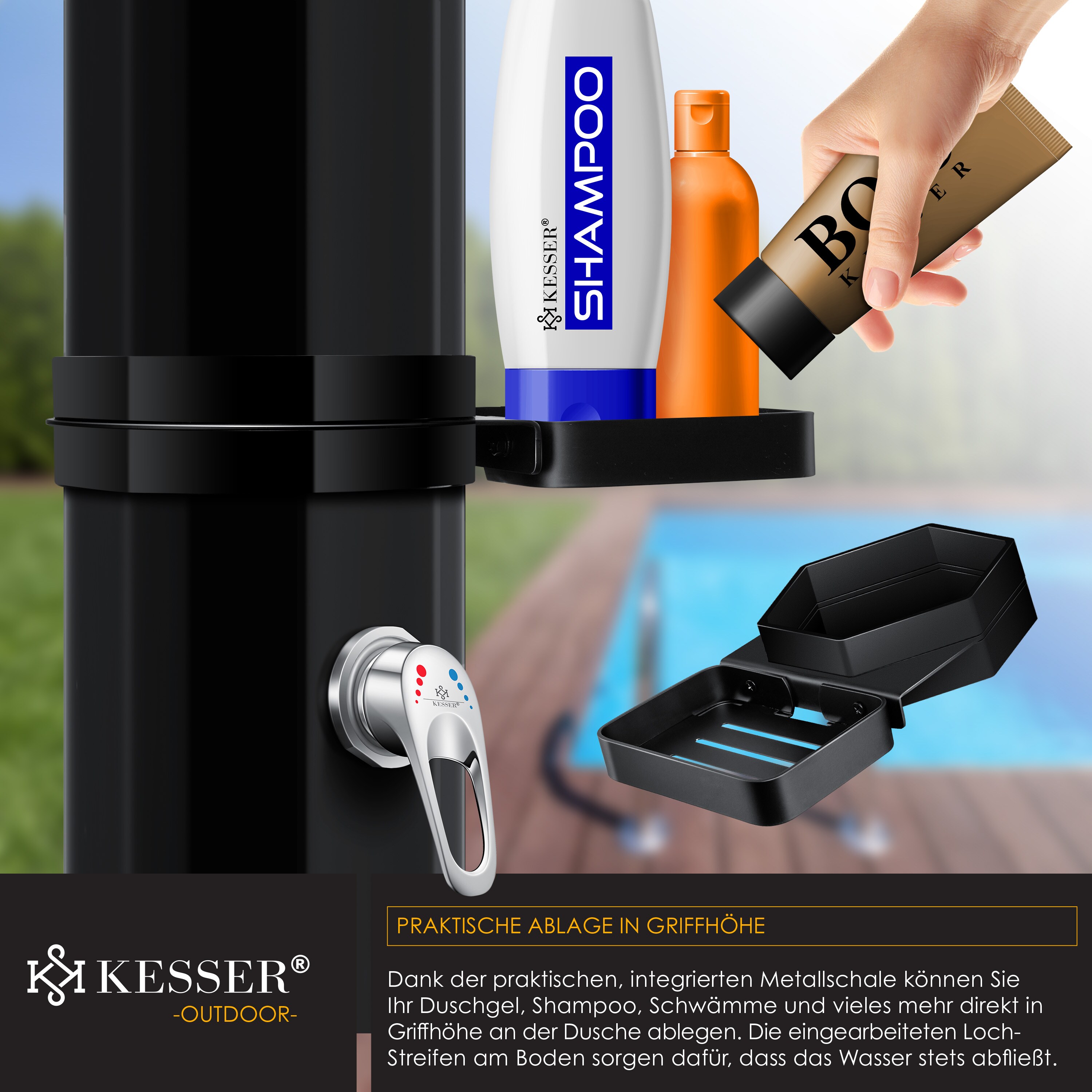 KESSER® Solardusche 35 Liter Solar Gartendusche + Metall-Duschablage | warmes Wasser |max. 60°C | ohne Stromanschluss | Pooldusche Camping| Regenduschkopf und Wasserhahn | Gartenschlauch-Anschluss |