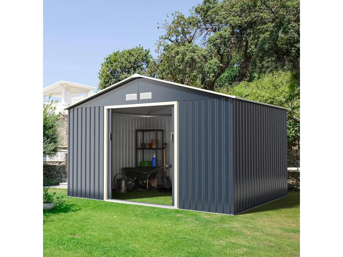 Abri de Jardin Métal 2 Portes Coulissantes Verrouillables, 4 Trous d’Aération, Toit Penché, Cabane Exterieur pour Vélo, Poubelle, 340 x 255 x 210 cm (Gris)