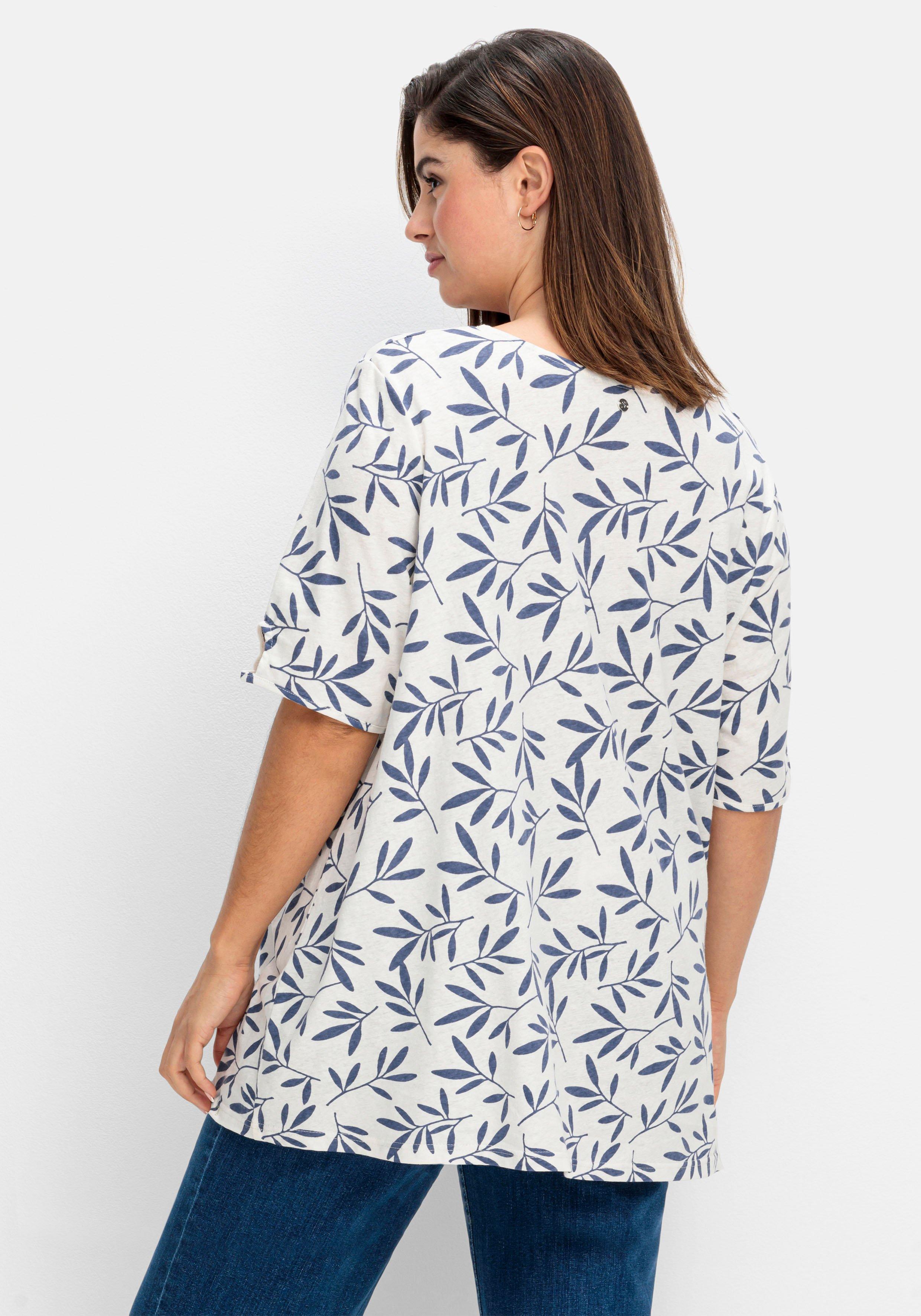 T-Shirt mit Blätterprint, im Leinen-Mix