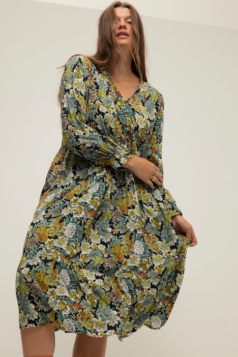 Kleid, A-Line, Flower Print, V-Ausschnitt, Langarm