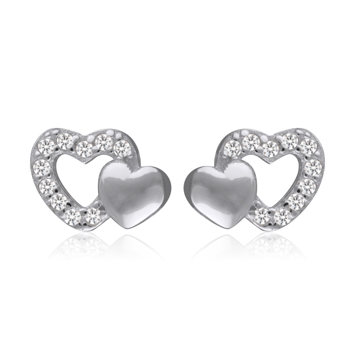 Boucles d'oreille argent rhodié double coeur avec cubic zirconia