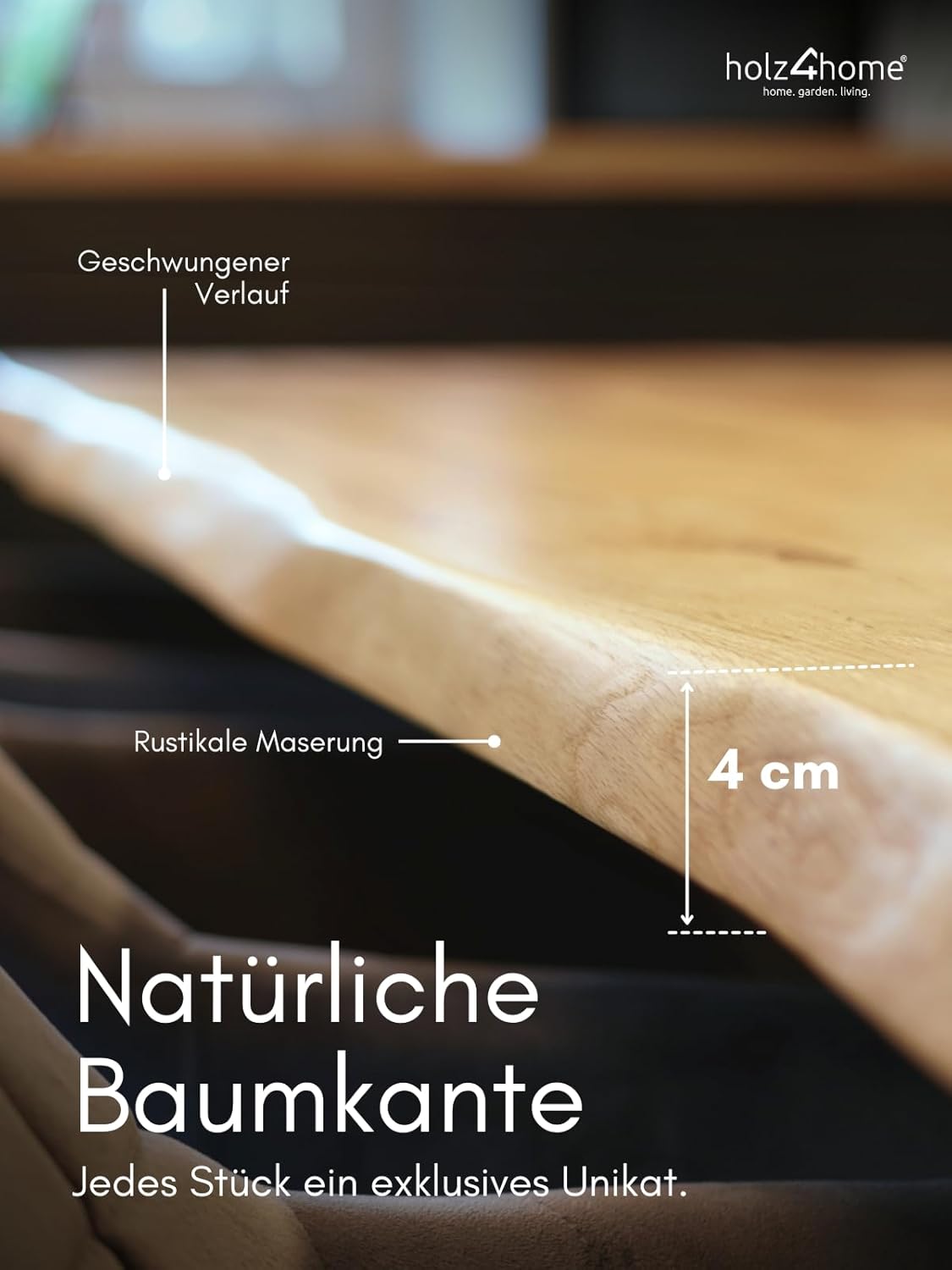 holz4home® Tischplatte mit Baumkante Massivholz Eiche I 100 x 70 x 4 cm LxBxH I Esstisch-Platte Schreibtischplatte I Echtholz