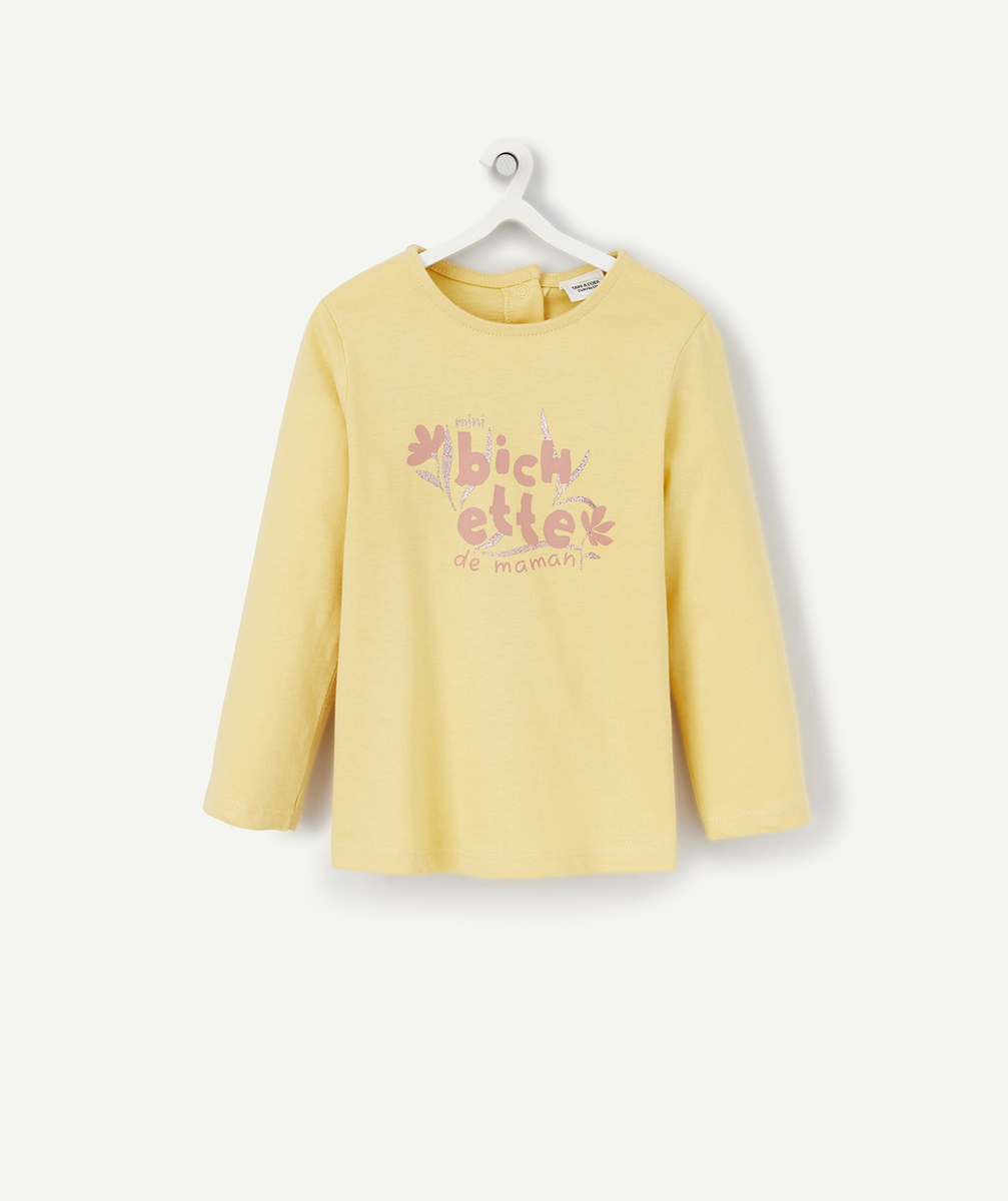 T-SHIRT BÉBÉ FILLE EN COTON BIO JAUNE AVEC MESSAGE ROSE