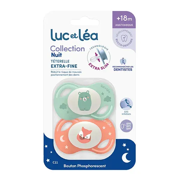 Coleção Luc et Léa 2 Chupetas Anatômicas Noturnas com Bico Extrafino +18 meses Urso Raposa