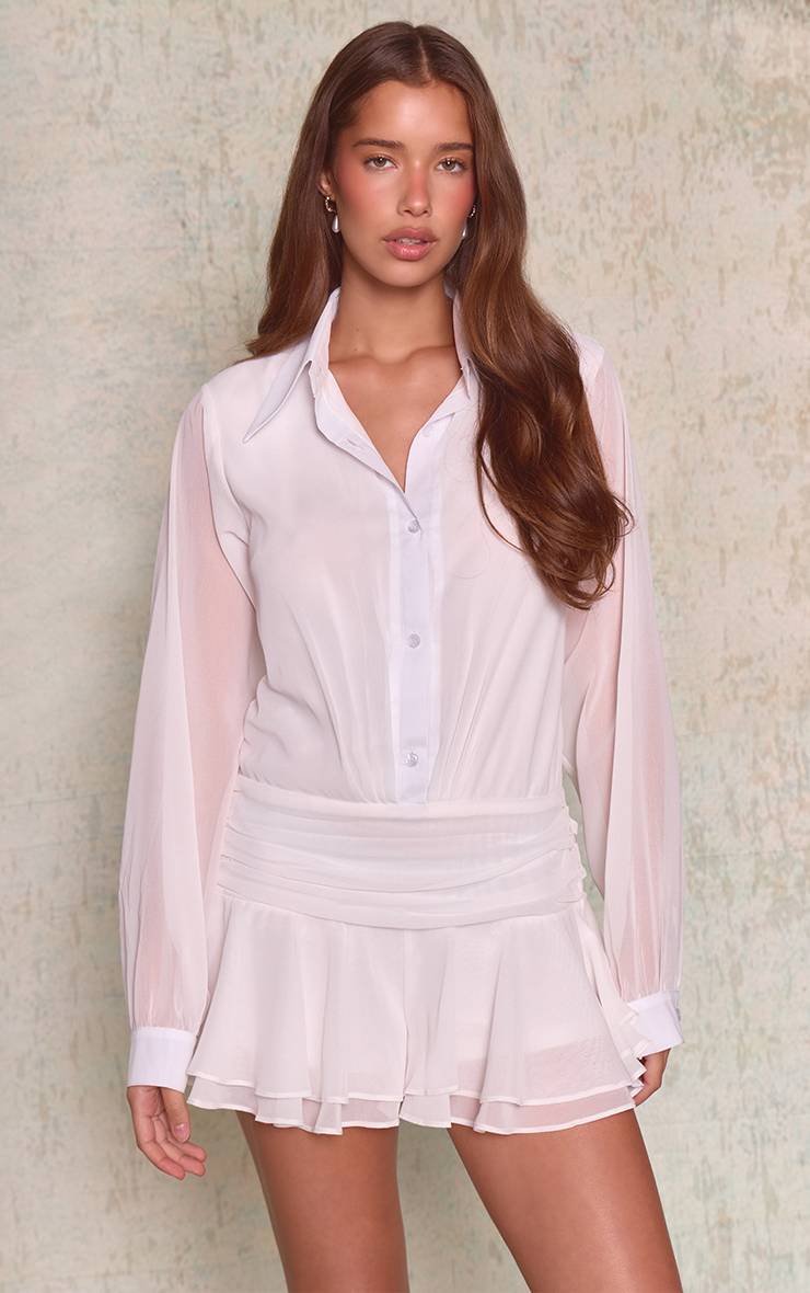 Blanc Combi-short Chemise En Mousseline À Manches Longues