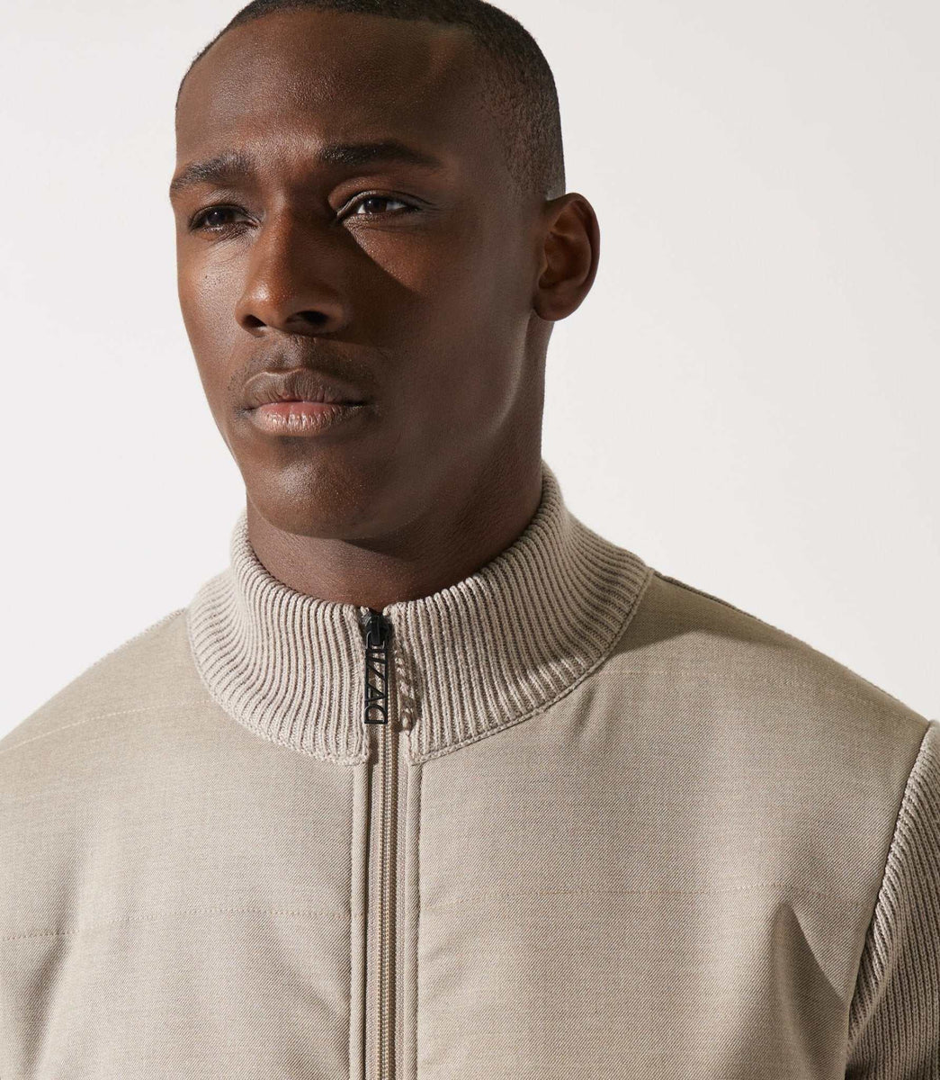 Gilet zippé col rond mix matière beige