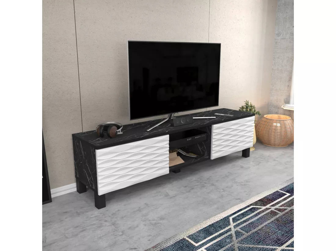 Meuble TV Lukas de 150 cm avec Armoires et Etagères Ouvertes (Effet marbre noir et blanc)