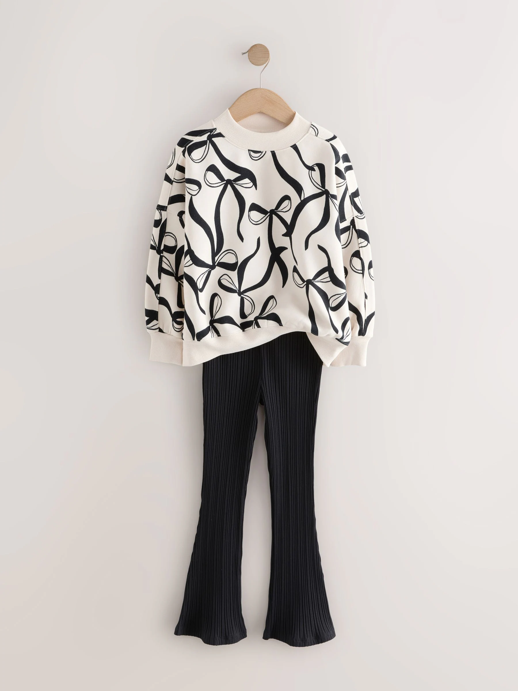 Crème strik/Zwart - Set van sweatshirt en geribbelde flared broek (3-16jr)