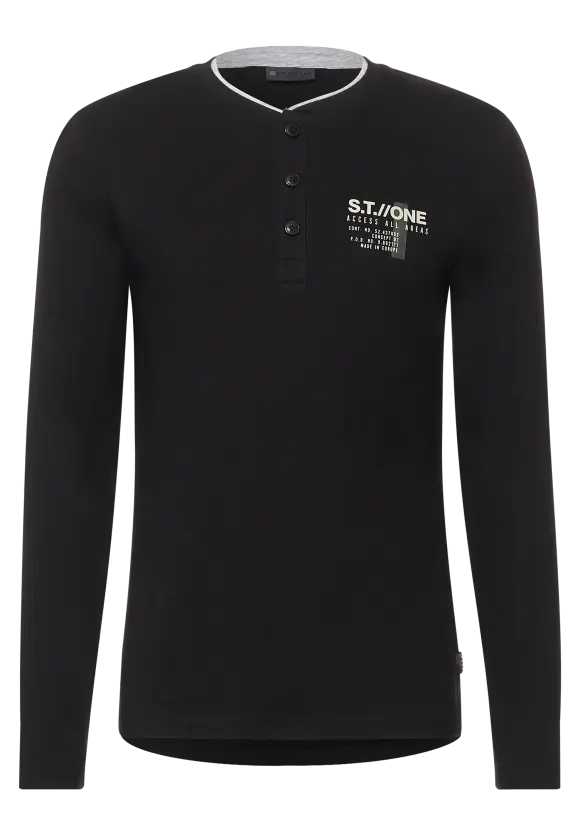 Henleyshirt mit Brustprint - Black