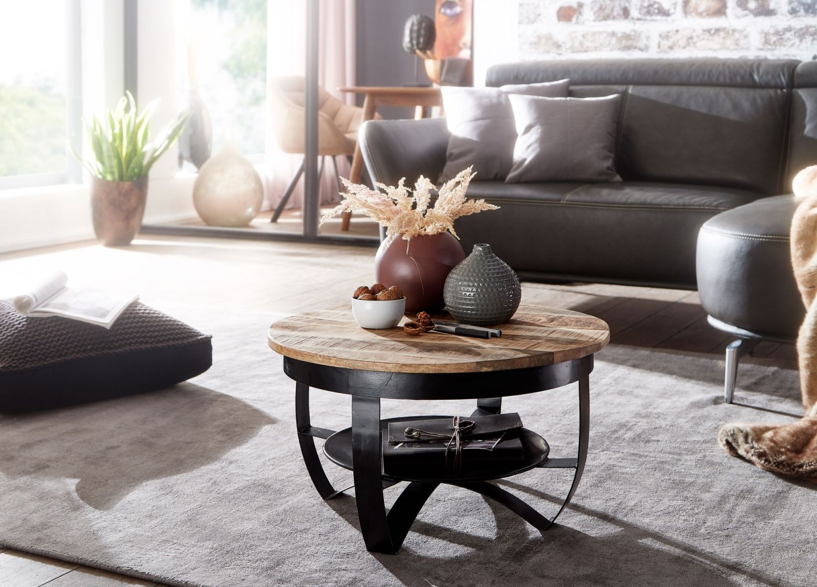 Couchtisch - schwarz-natur - Mango massiv - Ø 60 cm