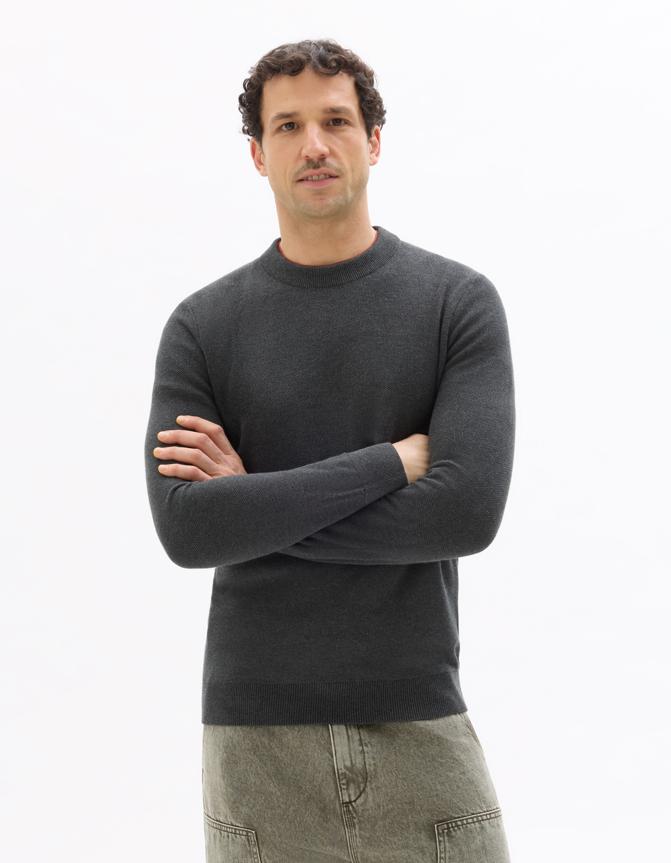 Pull col rond 100% coton - gris anthracite