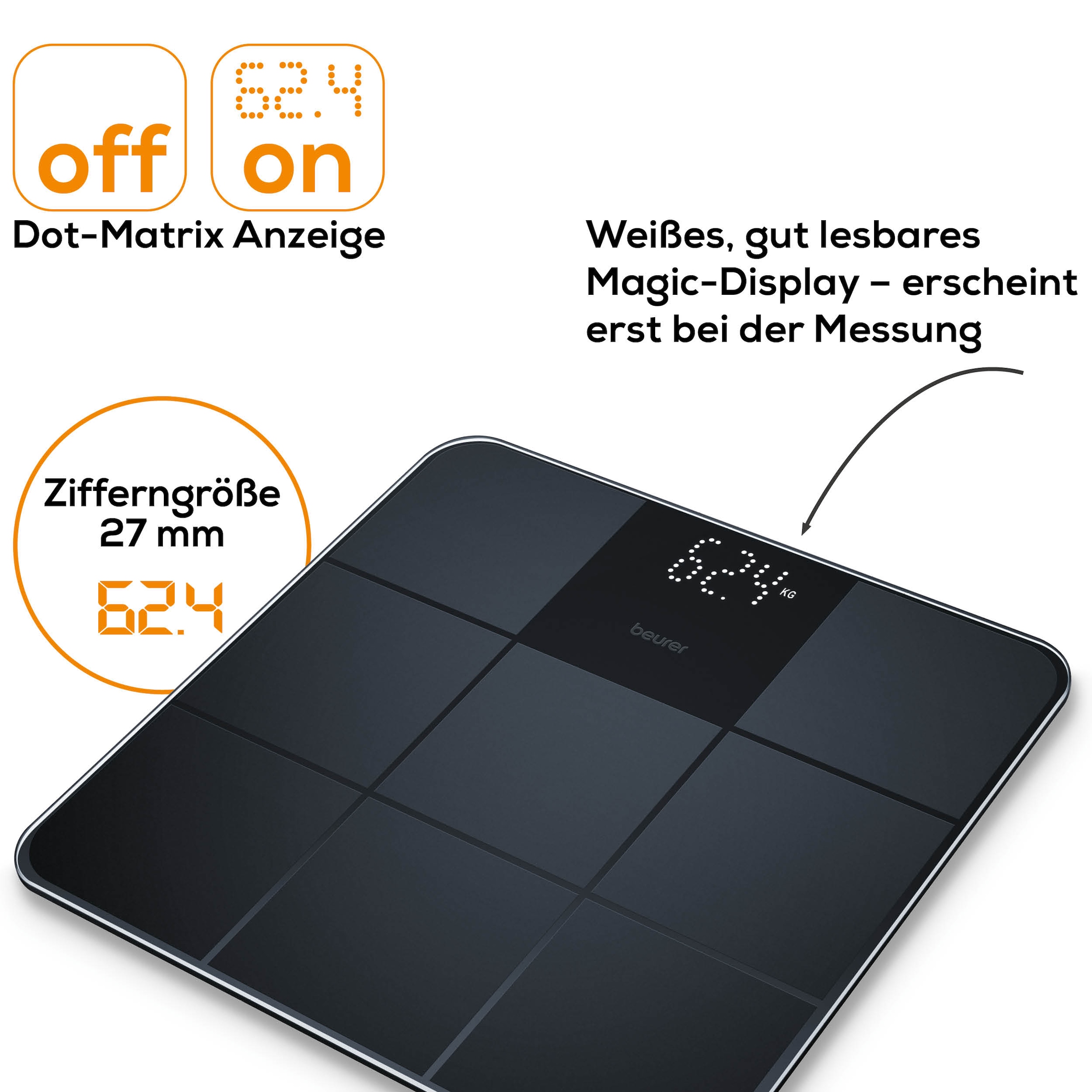 BEURER Personenwaage »GS 235 Glaswaage mit Magic-LED Display - erscheint nur bei Messung« Elegante Oberfläche mit matter Fliesenstruktur, Tragkraft bis 180 kg