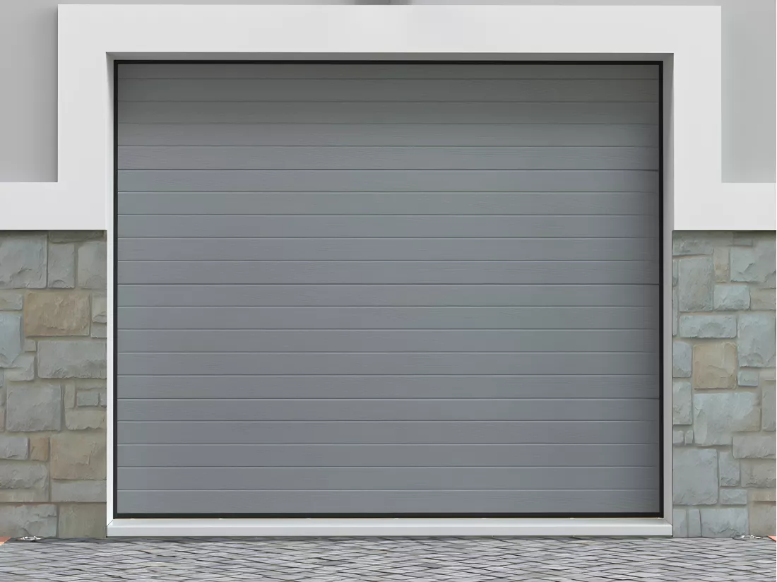 Porte de garage sectionnelle effet rainuré gris motorisée L254 x H218 cm - NORIA
