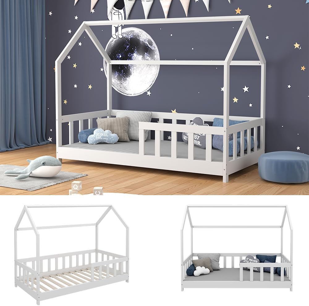 Hausbett 80x160 cm Michelle mit Rausfallschutz - Weiß 166x135x86 cm aus Bambus - Bett ideal fürs Kinderzimmer, für zuverlässigen Schlaf mit zusätzlicher Sicherheit