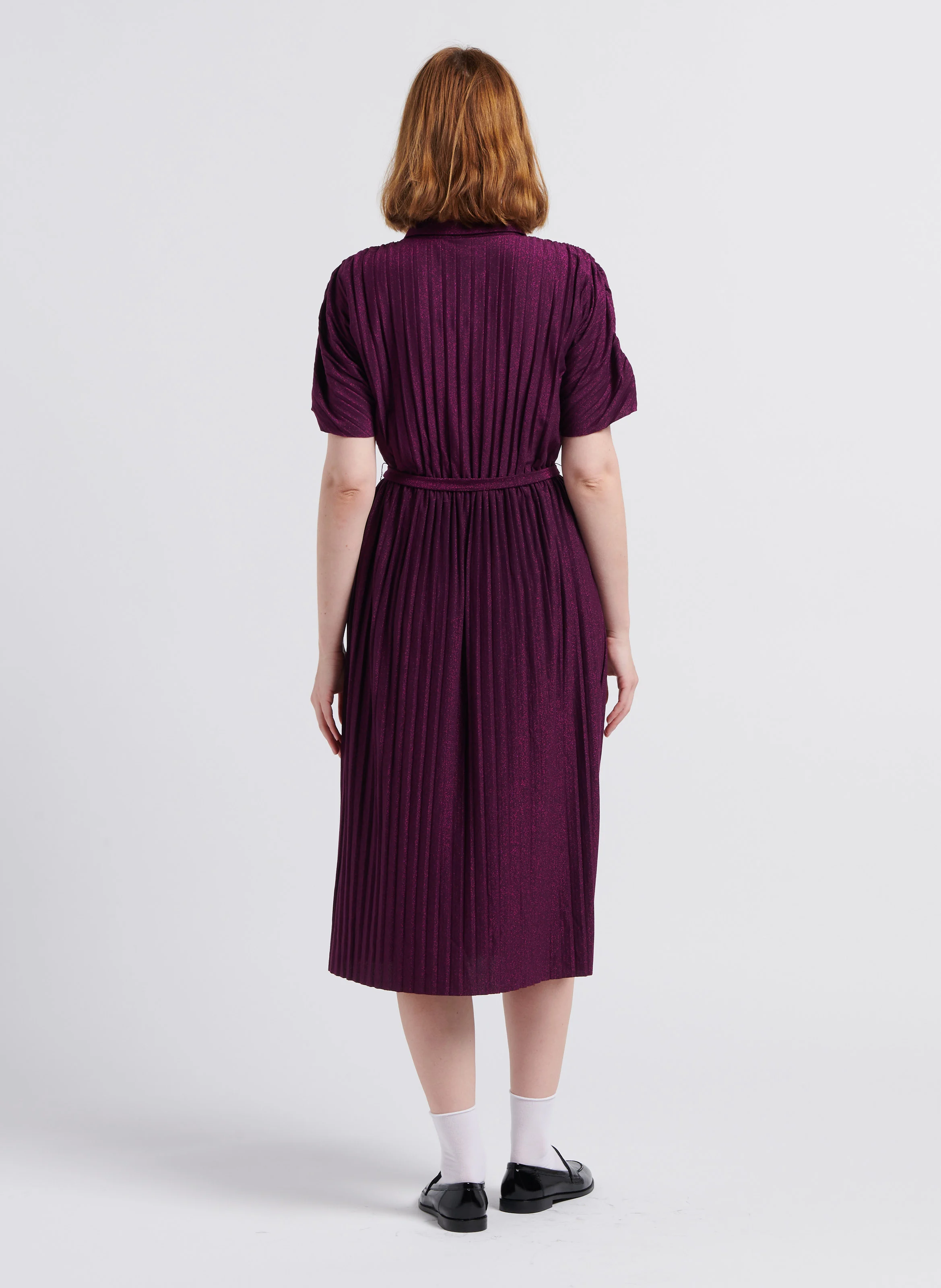 LUXI PLISSÉ - Robe midi col classique plissé à paillette| Violet