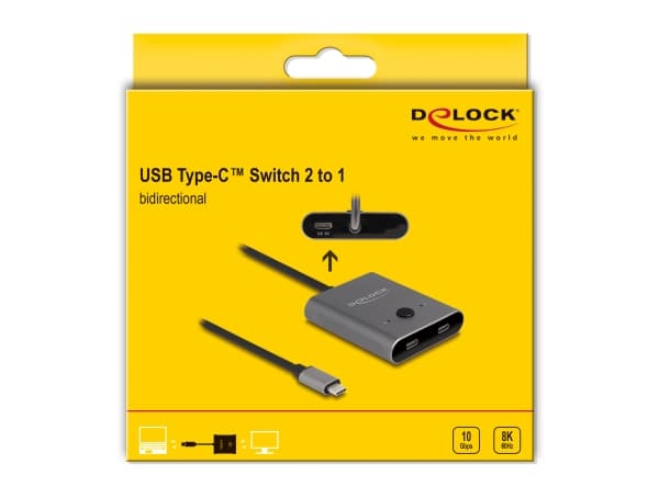 Delock Switch 2 to 1 - Hub - toveis, 8K, 10 Gbps - 2 x USB-C (Power Delivery) - stasjonær