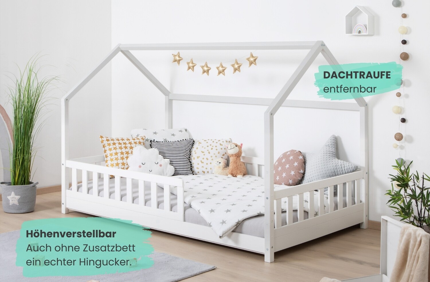TiCAA TiCAA Kinderbett Hausbett Kay 90x200 cm, 100x200 cm, 120x200 cm, 140x200 für Jungen & Mädchen, inkl. Rolllattenrost, Matratze, Zusatzbett und Rausfallschutz variabel, MontessoriBett weiß aus Kiefer Massivholz