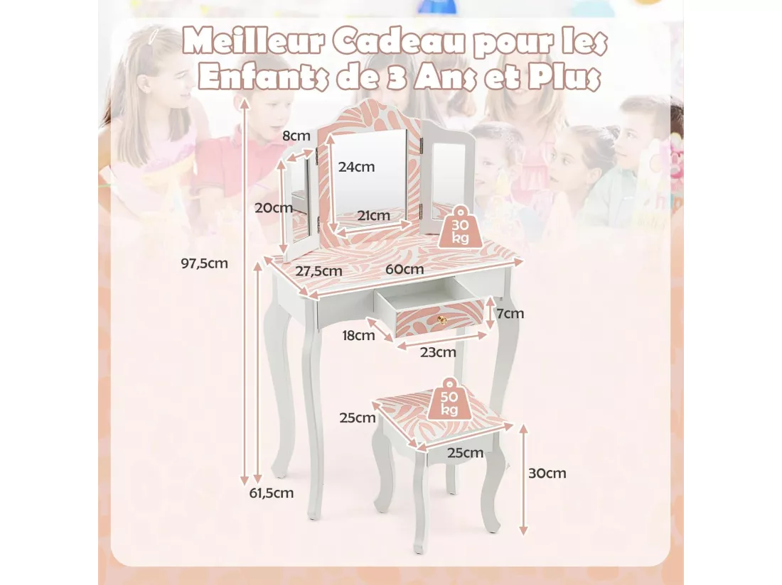 2 en 1 Coiffeuse Enfants Fille avec Miroir Amovible à 3 Volets & Tabouret, Table de Maquillage avec Tiroir & Dispositif Anti-Basculement, Charge 50kg pour Enfants de 3-7 Ans (Imprimé zèbre)