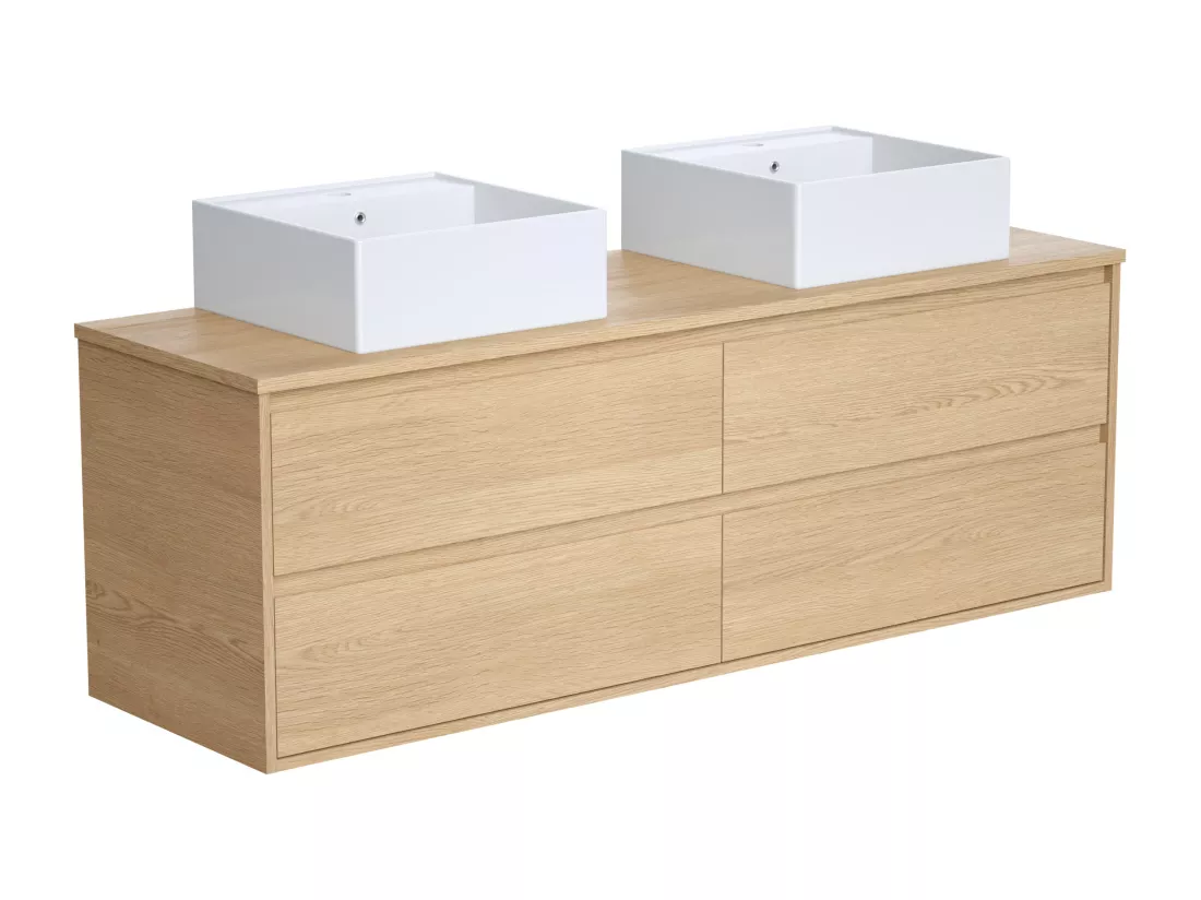 Meuble de salle de bain suspendu avec double vasque à poser en céramique - Placage chêne - 150 cm - MILIPAM