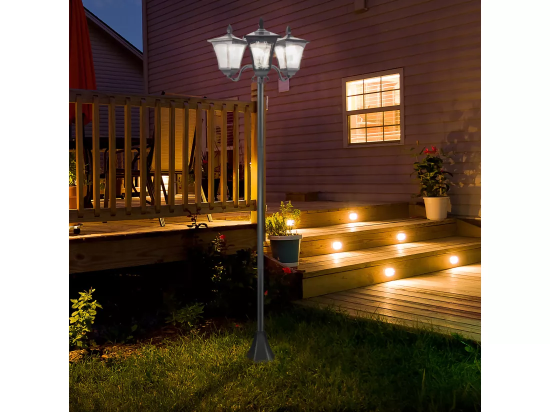Lampadaire de jardin luminaire extérieur solaire LED 3 têtes 120 Lm dim. 51,5L x 47l x 182,5H cm acier inox. plastique noir