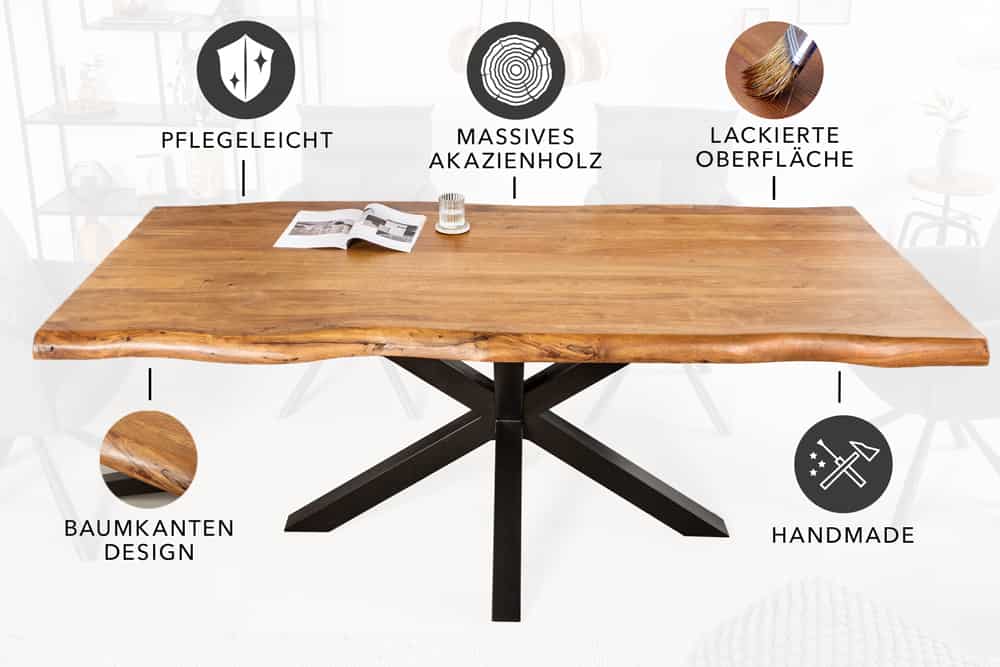 Massivholz Esstisch MAMMUT NATURE 220cm Akazie Metallgestell schwarz Baumkante 6cm Tischplatte