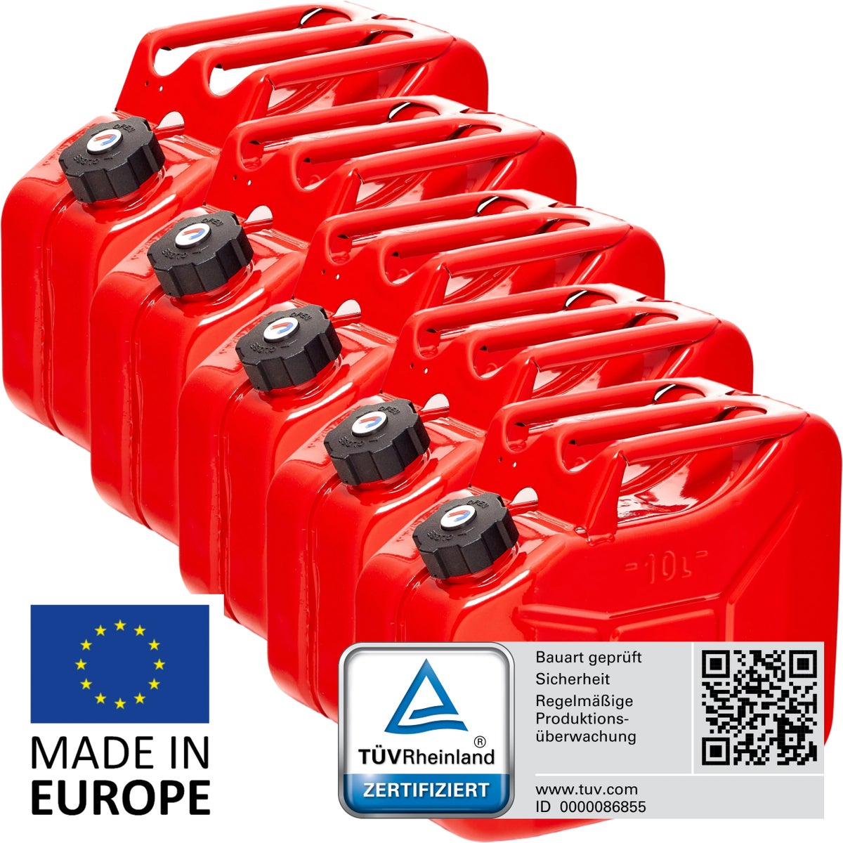 BW Metalen Brandstofbussen, Benzineblikken, 5 x 10 Liter met Schroefdop - Rood - RAL 3000 - TÜV-getest en UN-goedgekeurd - Gemaakt in Europa