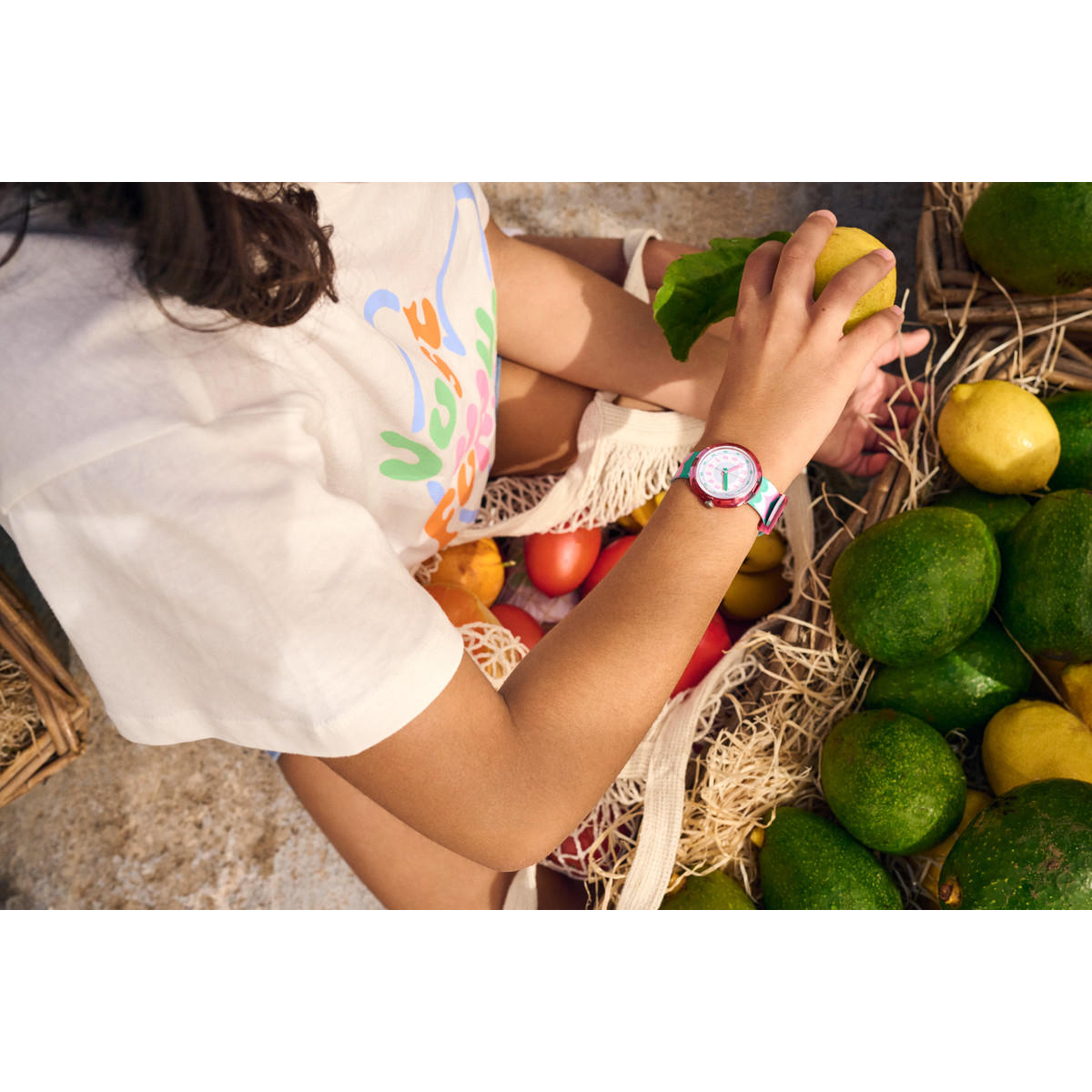 Montre FLIK FLAK Organized Chaos Retro Scales enfant bracelet pet recyclé bleu