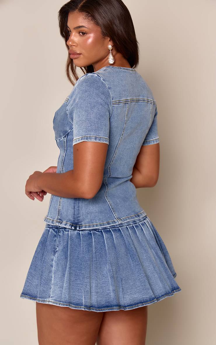 Délavage Vintage Top En Denim Moulant À Décolleté Plongeant Et Manches Courtes