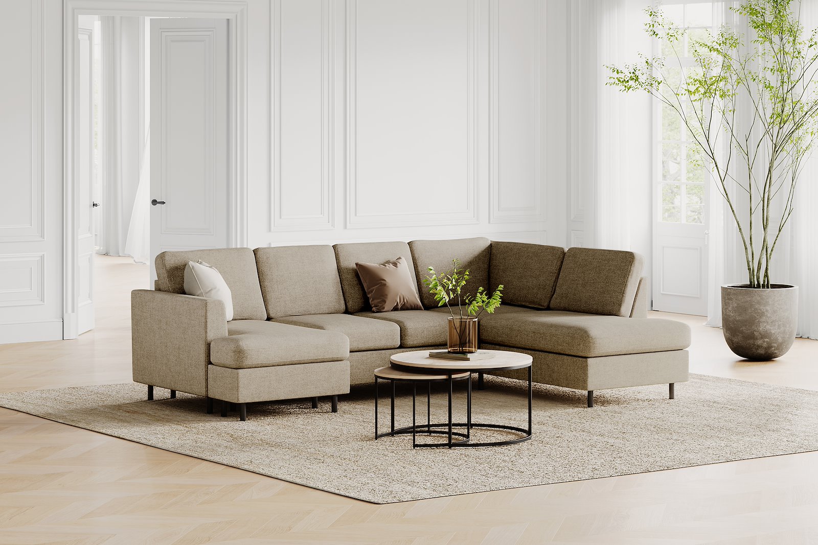 Oslo Plus U-sofa Sjeseong venstre med 2-seter og åpen ende høyre. Tekstil Neve 16 Dark Beige med sorte ben