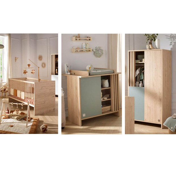 Chambre TRIO Lit 140x70 Commode1P Armoire 2P TOKYO Sauge - SAUTHON