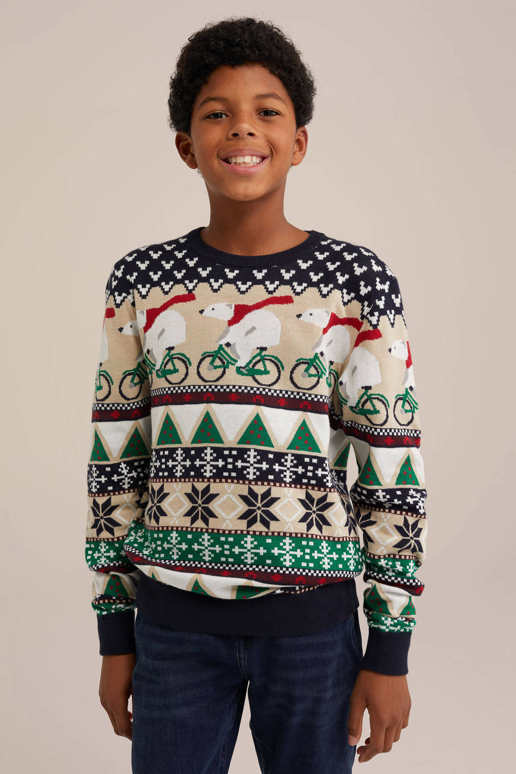 WE Fashion gebreide kersttrui donkerblauw/beige/groen