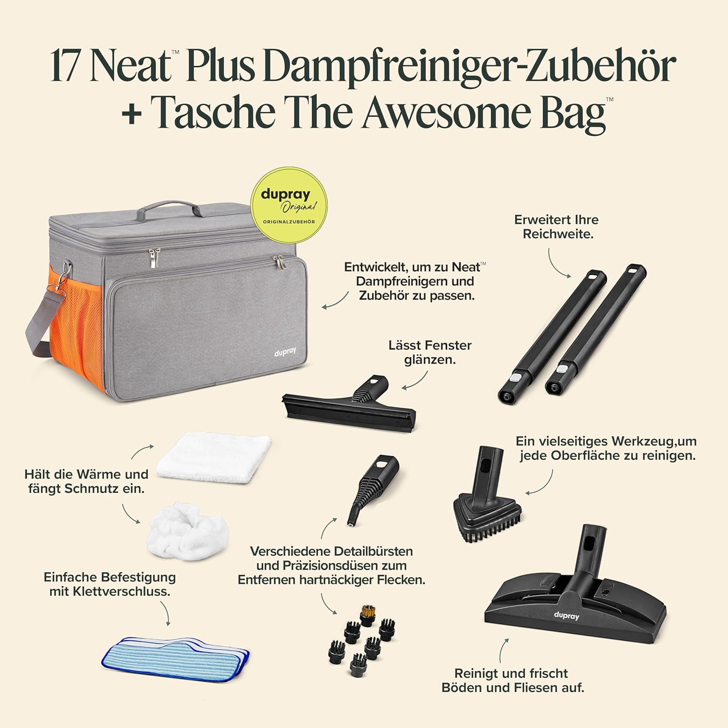Dampfreiniger Dupray Neat Plus mit 18-teiligem Zubehör-Set – Kraftvolle Reinigung, ohne Chemikalien für Böden, Auto, Fliesen, Fugen und mehr (Neat Plus mit Aufbewahrungstasche)
