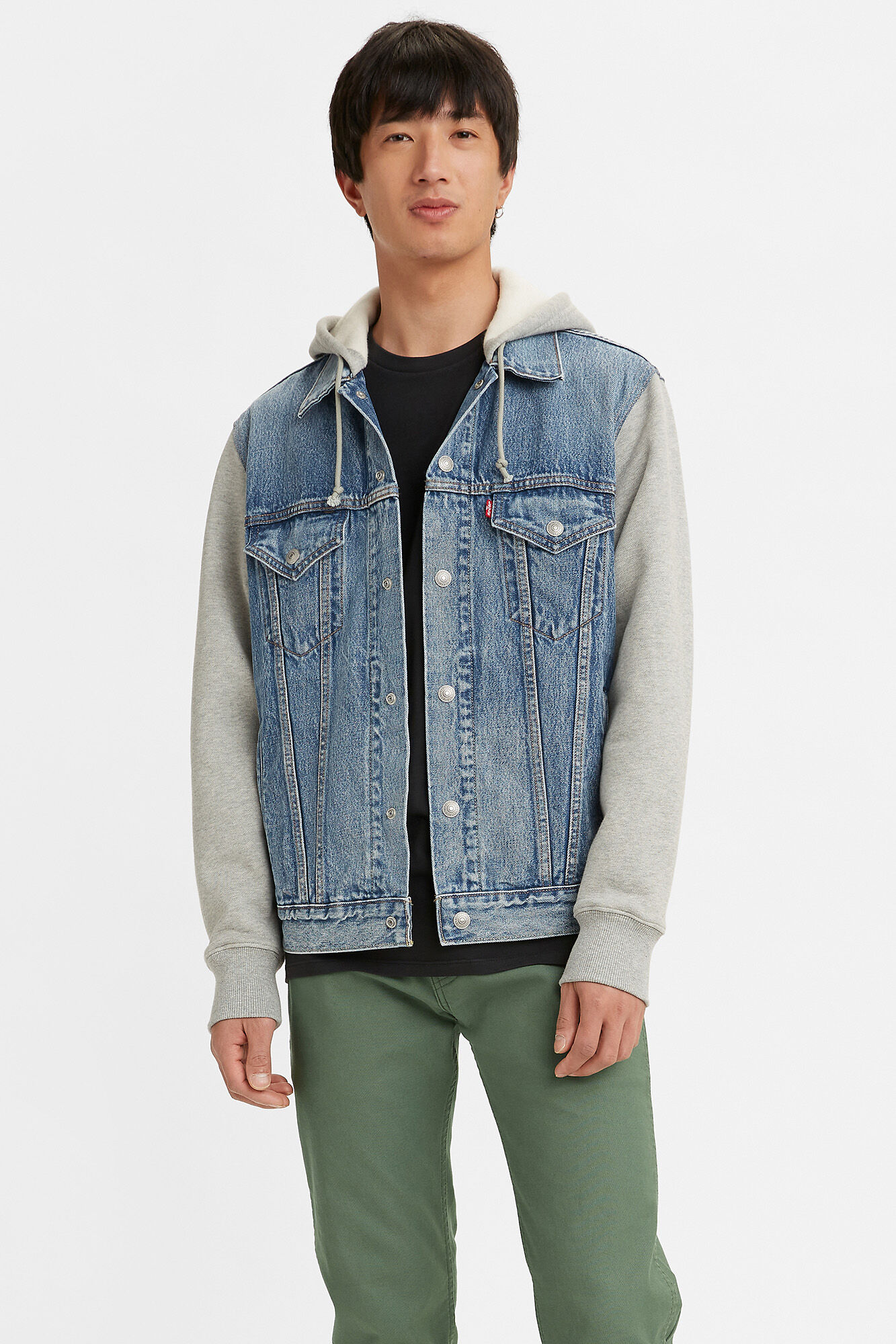 Jaqueta jeans azul com capuz e mangas de lã - azul médio