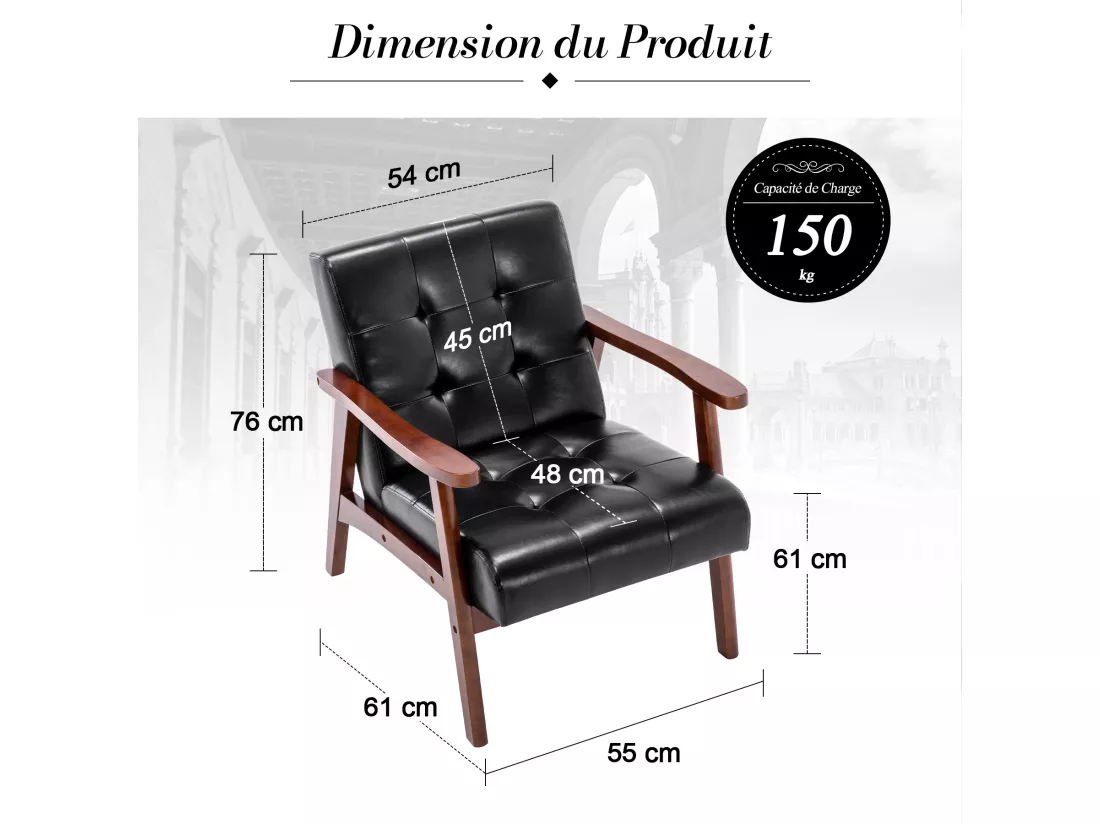 Fauteuil Médiéval Chaise Vintage en Similicuir Tufté avec Accoudoirs en Bois, Style Vintage, Tapissé en Bois Dur, Noir