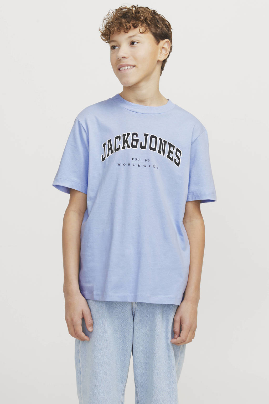 JACK & JONES T-shirt JJECALEB VARSITY met logo lichtblauw